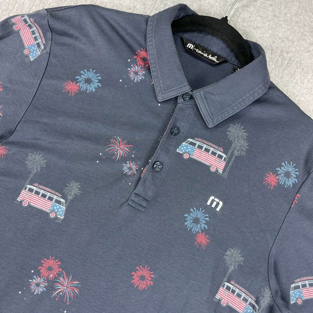 Travis Mathew Polo Shirt Mens Medium Blue Fireworks Surf Van Americana Patriotic